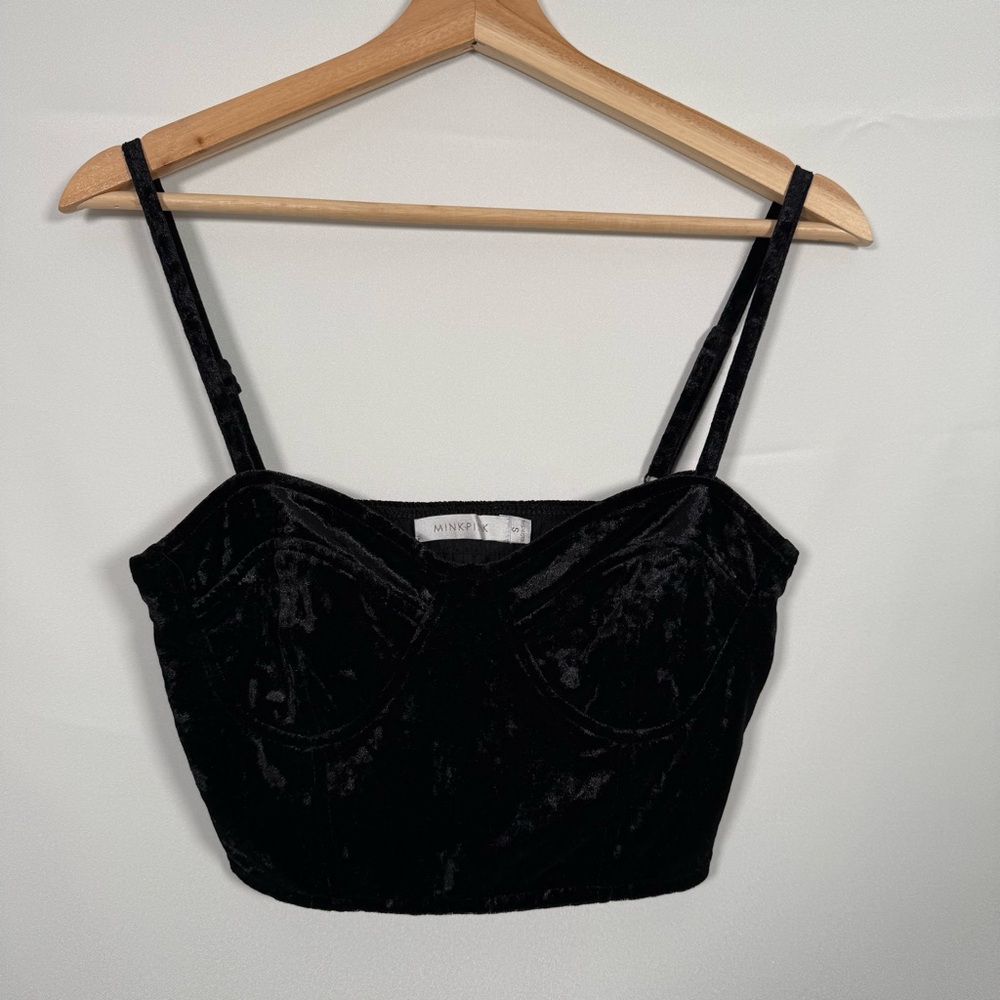 MINKPINK Black Velvet Sweetheart Neck Spaghetti Strap Bustier Crop Size Small‎
